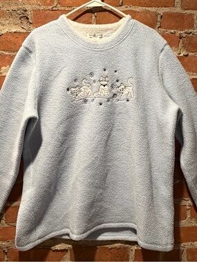 Cozy Light Blue Crewneck Sweater with Cat Embroidery -